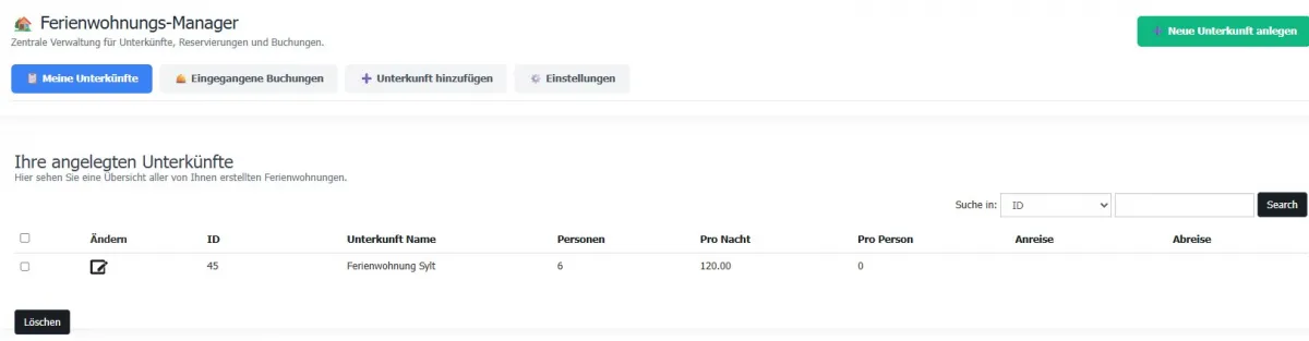 Übersicht meiner angelegten Ferienwohnungen im Wapster Fewomanager