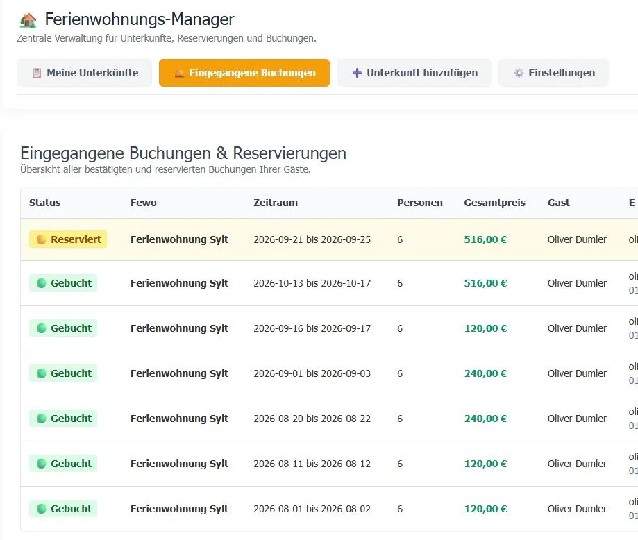 Reservierte und abgeschlossene Buchungen im Fewo Buchungskalender Manager